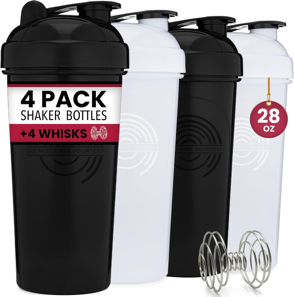 GOMOYO 4-Pack - 28 Ounce Protein Shaker Şişe Mixes, 4xWire Whisk, Leak Prodüksiyon Kom Mixes ve Pre-Workout Shaker Cups, Dishwasher Safe & BPA Free, Black & White