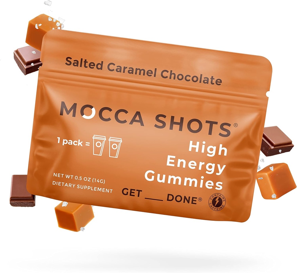 SGC Highest Concentration 100mg Caffeine per Gummy, 2 Gummies per Pack, 6-Pack Mocca Shots Salted Caramel Plant-Based nootropic Instant Energy with Ginkgo biloba, Theobromine.