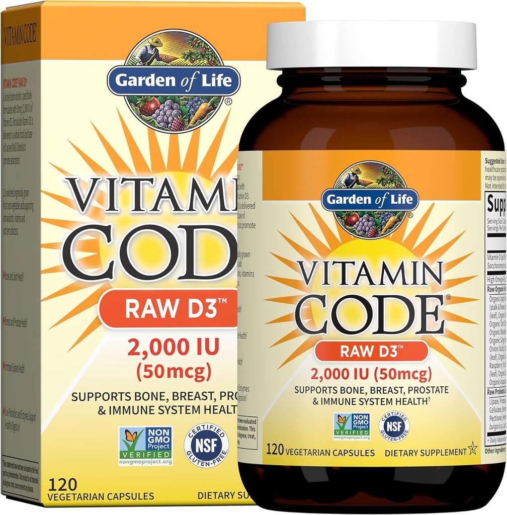 Garden of Life Vitamin D, Vitamin Code Raw D3, Vitamin D 2,000 IU, Raw Whole Food D3 Supplements with Chlorella, Fruit, Veggies & Probiotics for Bone & Immune Health, 120 Vegetarian Capsules