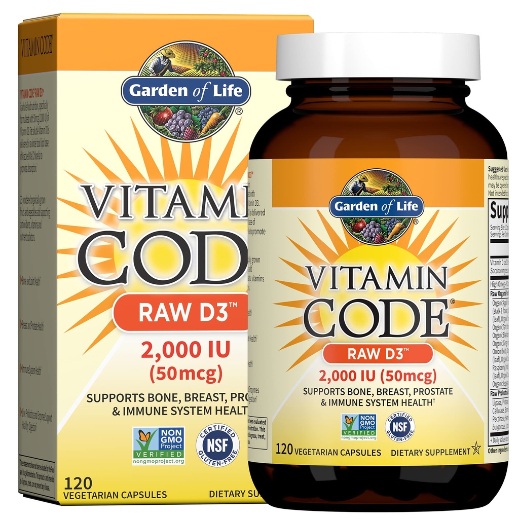 Life Vitamin D, Vitamin D, Kod Raw D3, D 2,000 IU, Raw Whole Food D3 Supplements with Chlorella, Fruit, Veggies & Probiyotiks for Bone & Immune Health, 120 Vegetarian Capsules