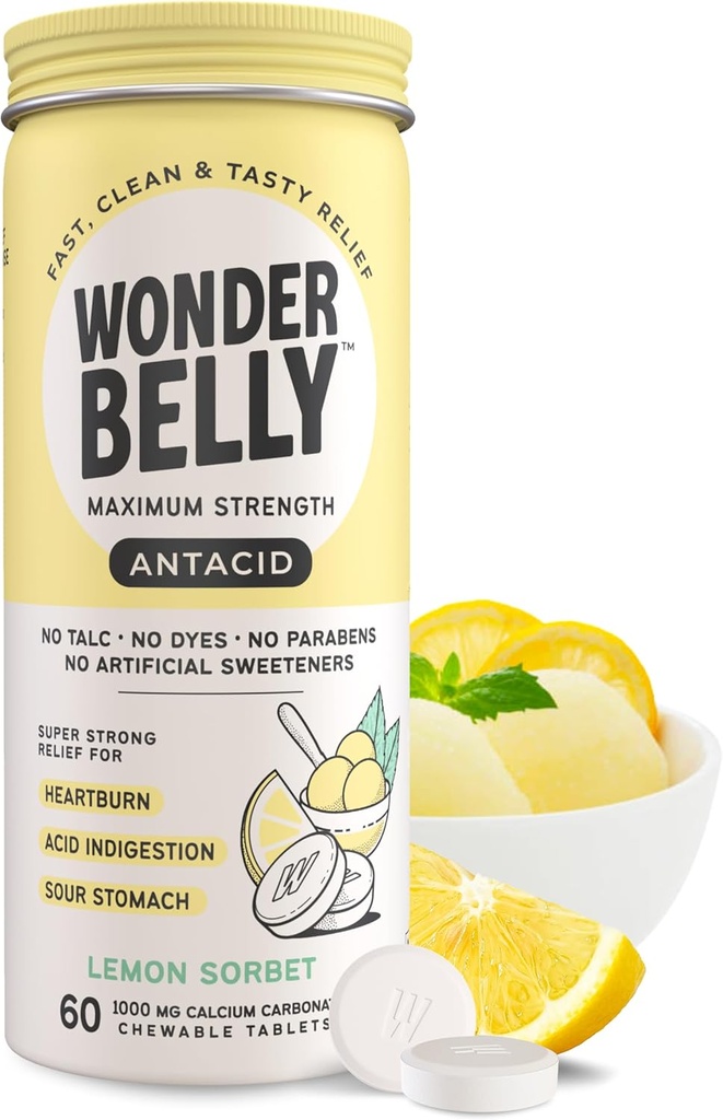 Wonderbelly Antacid, Etkili Kalpburn ve Anında Asit İndigestasyon Yardımı, Ekstra Kuvvetli Tabletler, 1000 mguba Karbonat, No Talc veya Dye, Lemon Sorbet, 60 Count