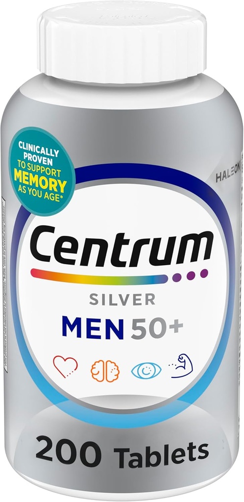 Centrum Silver Men's 50+ Multivitamin with Vitamin D3, B-Vitamins, Akrilik for Memory and Cognition - 200 Tablets