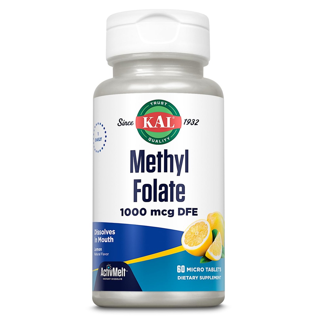 KAL Metil 1000 mcg, 5-MTHF Active Form, Folic Acid Supplement, Heart Health, Prenatal, Mood ve Brain Support, Vegetarian, Natural Lemon ActivMelt, 60-Day Garanti, 60 Serv, 60 Micro Tabletler