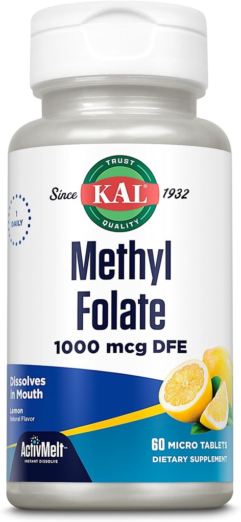 KAL Metil 1000 mcg, 5-MTHF Active Form, Folic Acid Supplement, Heart Health, Prenatal, Mood ve Brain Support, Vegetarian, Natural Lemon ActivMelt, 60-Day Garanti, 60 Serv, 60 Micro Tabletler