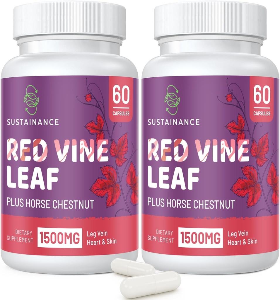 Red Vine Leaf Extract 1400 mg & Horse Chestnut 100 mg Supplement for Leg, Vein, Circulation, Heart, Skin (60 Capsules - 2 Şişe)
