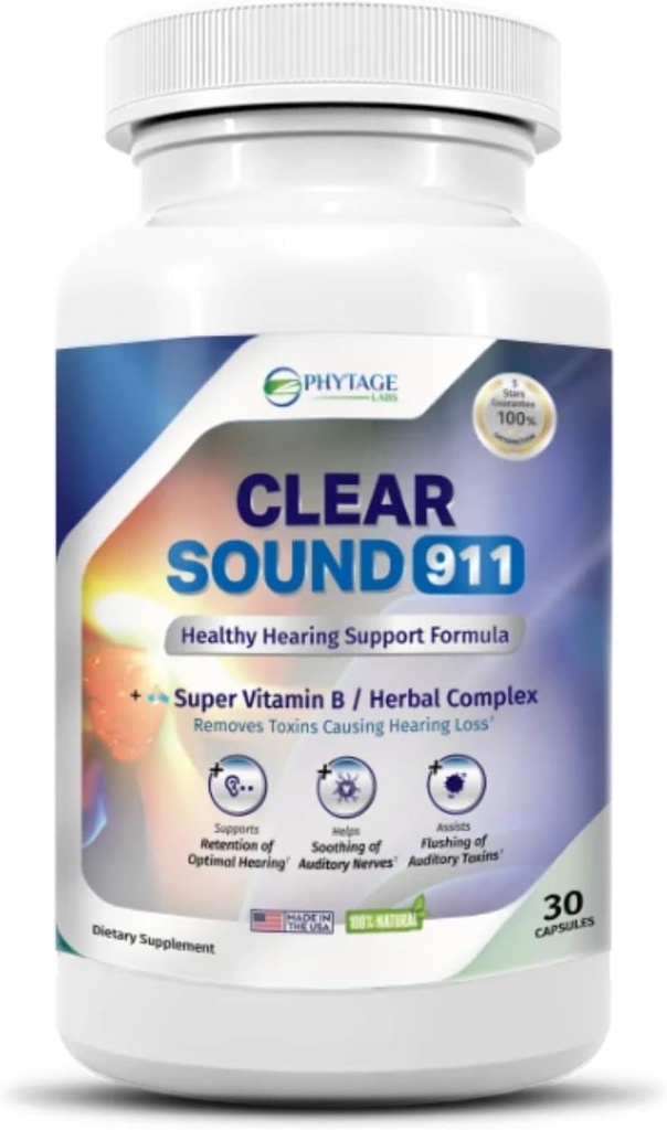 Clear Sound 911 Υποστήριξη για την ακοή Φόρμουλα, το αυτί και το μυαλό συμπλήρωμα υγείας, Υποστηρίζει Υγιεινή Ακουστική λειτουργία - 30 κάψουλες