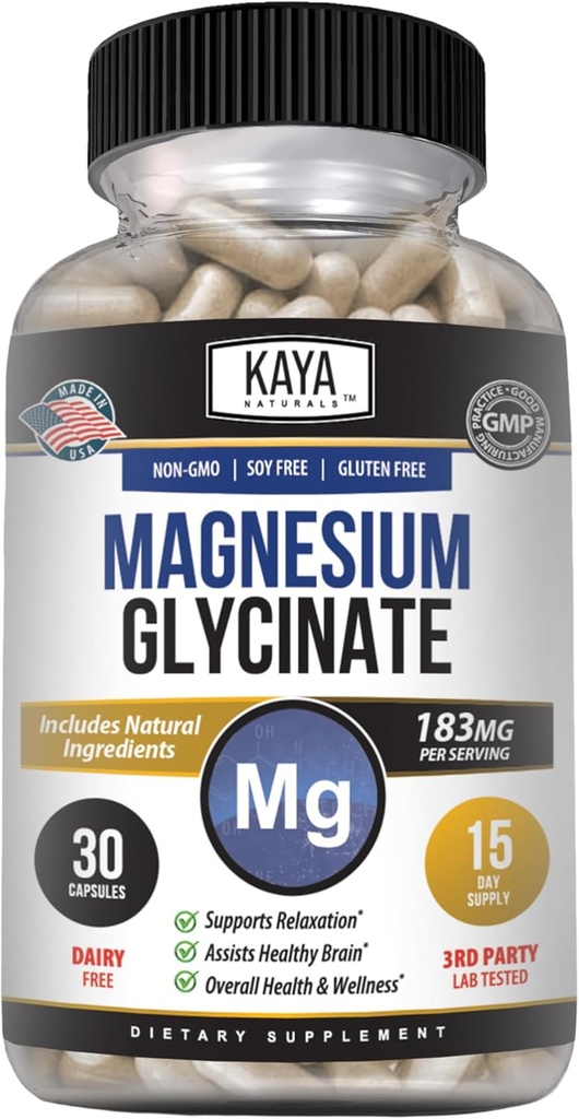 Kaya Naturals Γλυκινικό μαγνήσιο 183mg ανά καψάκιο, Χηλικό για μέγιστη απορρόφηση, μη ΓΤΟ, χωρίς γλουτένη Γαλακτοκομικά & Σόγια, Υποστηρίζει τους μυς και την υγεία της καρδιάς 30 Μέτρα