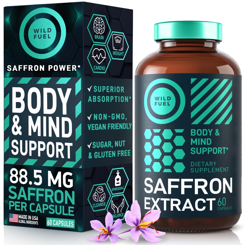 Kadınlar ve Erkekler için Saffron Supplements - 88.5 mg Saf Saffron Ekstraksiyon - Antioksi, Eye Health, Energy Support and Mood Branson - Vegan, ABD'de Yapılan 60 Capsules Bir Kez Daily