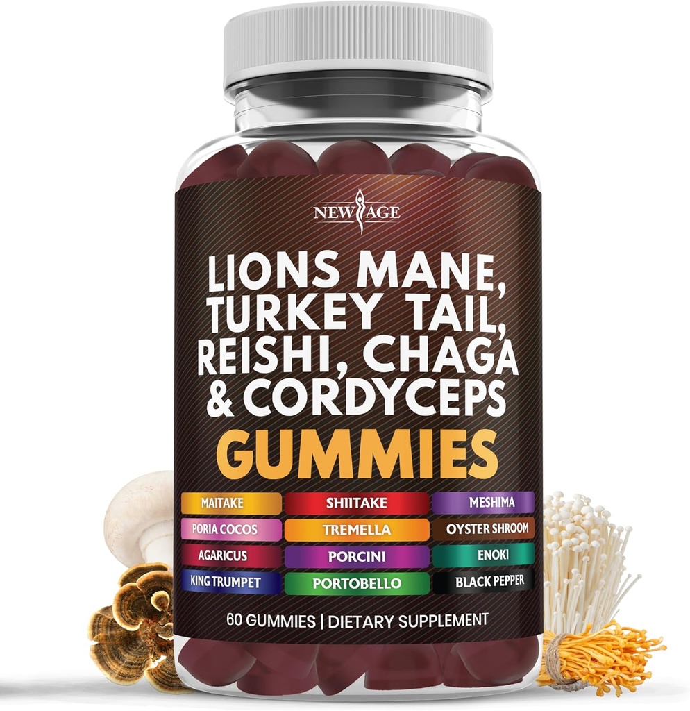 NEW AGE Mushroom Lion's Mane Supplement Gummies - Mushroom Supplement with Reishi, Cordyceps - 60 Kont