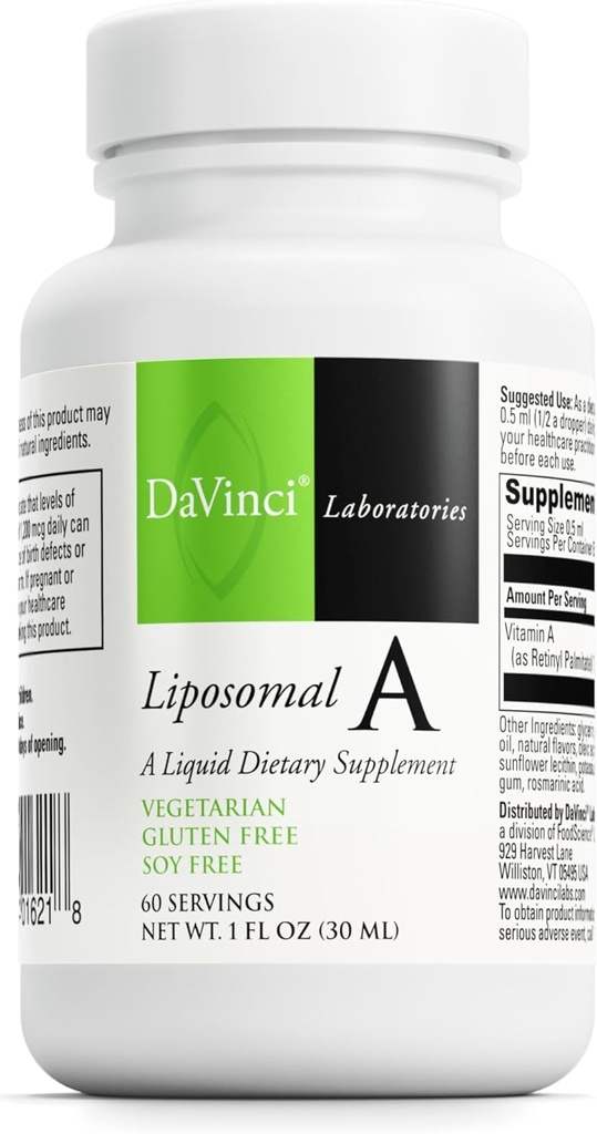 DAVINCI Labs Liposomal A - Υγρή Βιταμίνη Α συμπλήρωμα για την υποστήριξη των οστών, του δέρματος, του οστού, της όρασης και του ανοσοποιητικού * - Χωρίς γλουτένη - 30 ml