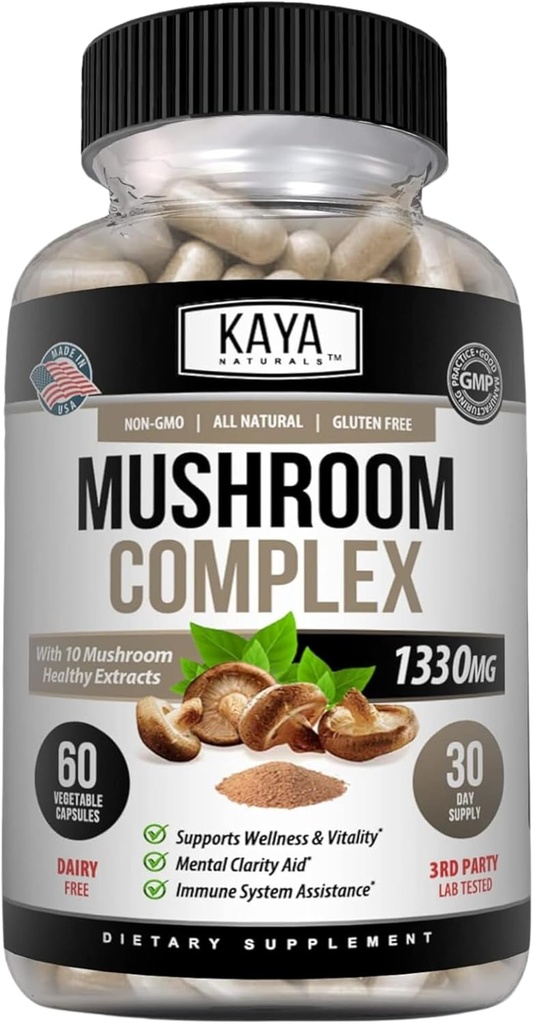 Kaya Naturals Premium Mushroom Complex Poent - Mushroom Complex Κάψουλες 1330mg ανά υπηρεσία - Βοηθήματα ψυχική σαφήνεια Υποστηρίζει ανοσοποιητικό σύστημα, ευεξία και ζωτικότητα - 60 μέτρα