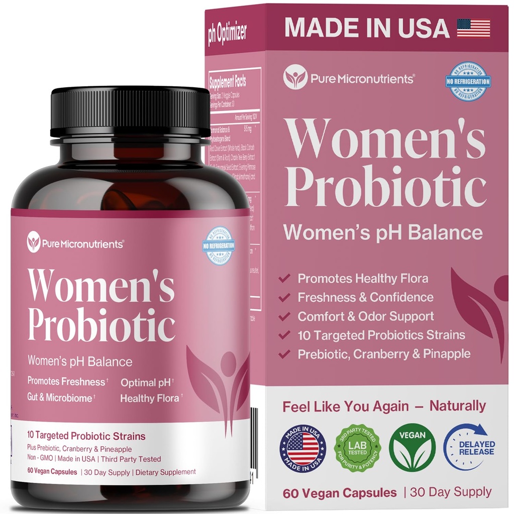 Kadınlar için probiyotikler, PH Balance & Vaginal Health Support, 50 Milyar CFU Per Serve, Gut, Digestive & Urinary Tract Care, Lactobacillus & Prebiyotiks, 60 Capsules
