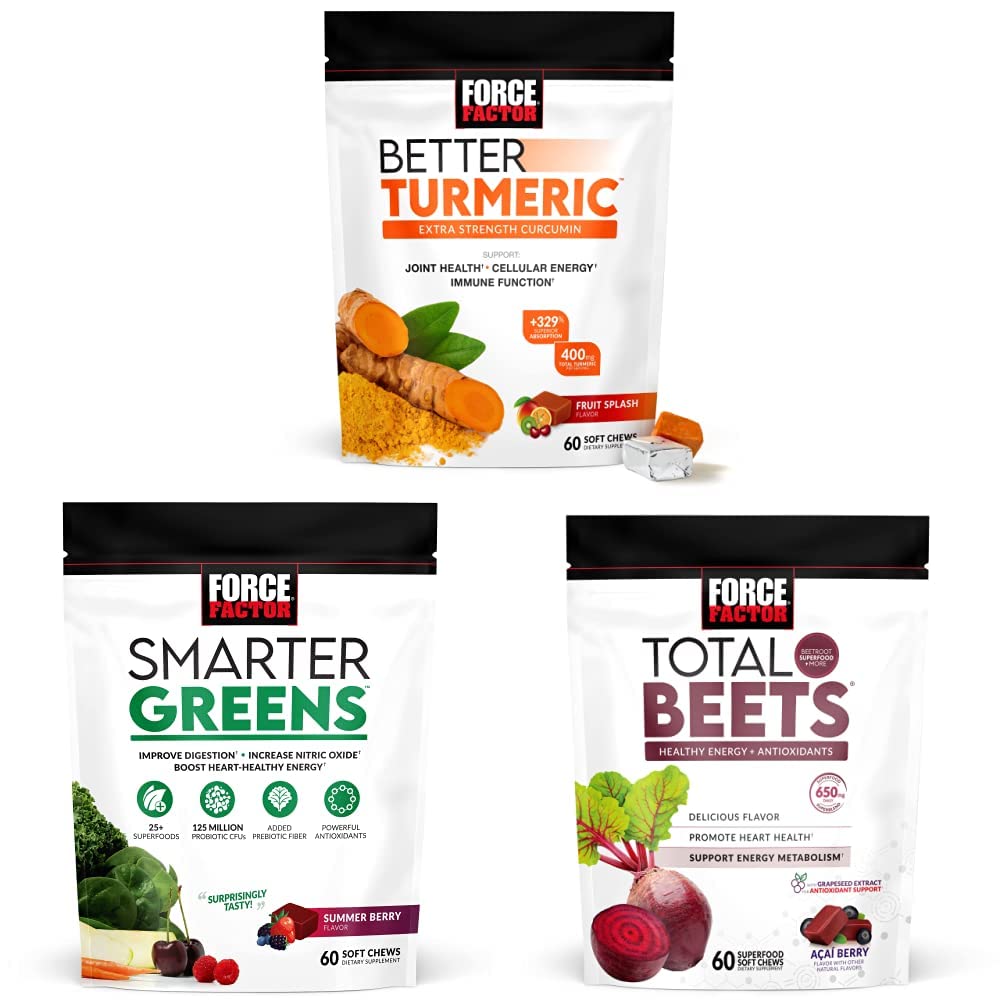 Force Factor Better Turmeric Joint Supplement Υποστήριξης & Smarter Greens Superfood Chews, 60 μαλακά μάσημα & συνολικά μπισκότα μαλακά μάσημα, 60 μάσημα