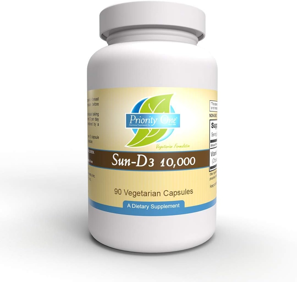 Priority One Vitamins Sun D3 10,000 90 Vegetarian Capsules - The Most bioavailable Form of Vitamin D (cholecalciferol).*