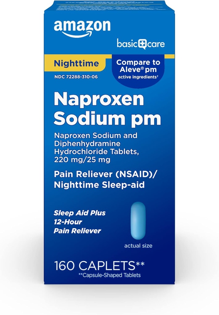 Temel Bakım All Night Pain Relief PM, Naproxen sodyum, 220 mg/Diphenhydramine,, 25 mg Tablet, Ağrı Reliever/Nighttime Sleep-Aid, 160 Count Count