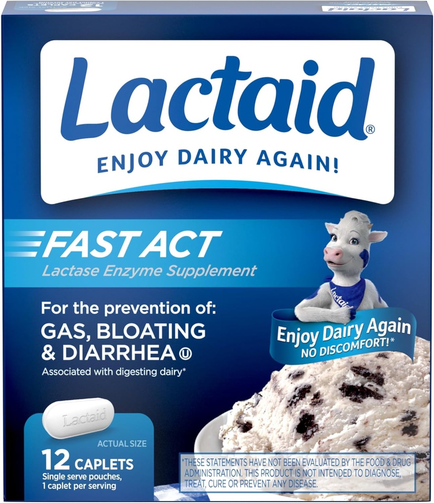 Lactaid Γρήγορη Πράξη Δυσανεξίας Λακτόζης Caplets με Lactase Ένζυμο για την πρόληψη αερίου, Bloating & Διάρροια Λόγω της ευαισθησίας της λακτόζης, Ιδανικό για Ταξίδι & On-The-Go, 12 συσκευασίες 1-Count