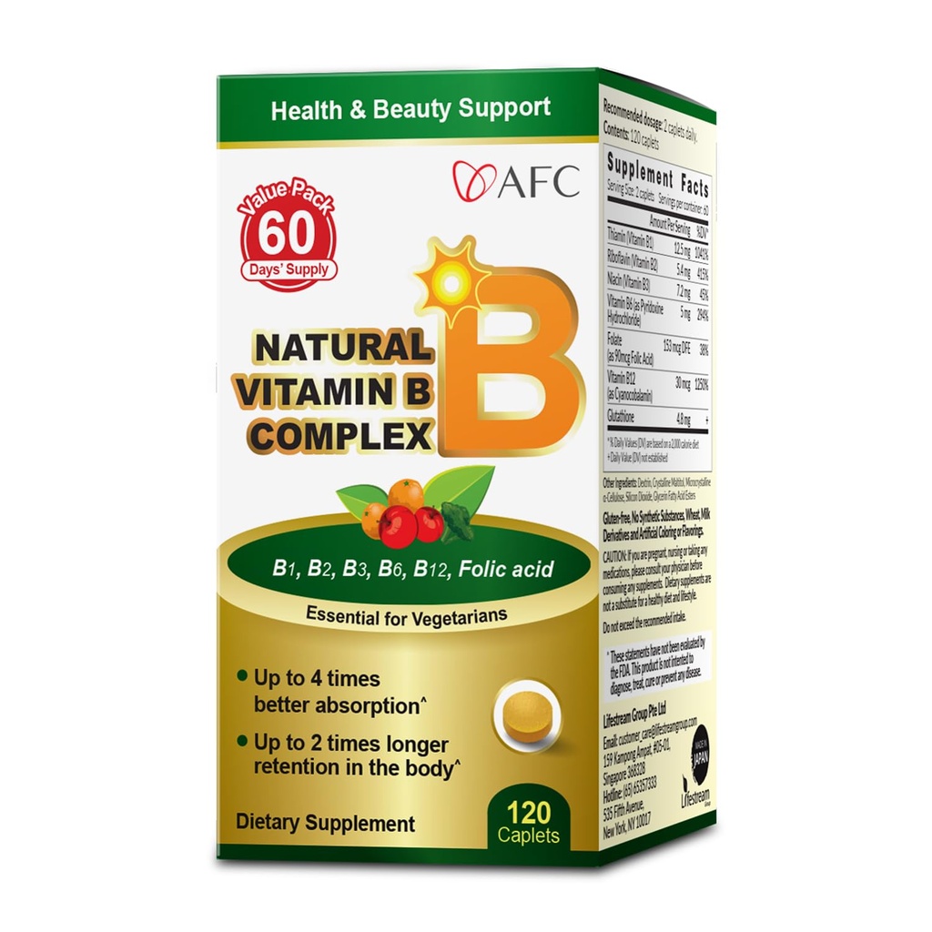 AFC Japonya Doğal Vitamin B Kompleksi B1, B2, B3, B6, B12, Folic Acid & Glutathione Yeast Extract, No S Sentetiks, Non-GMO, Supplement for Stress, Energy, Immune & Nervous System,120 Vegan Caplets