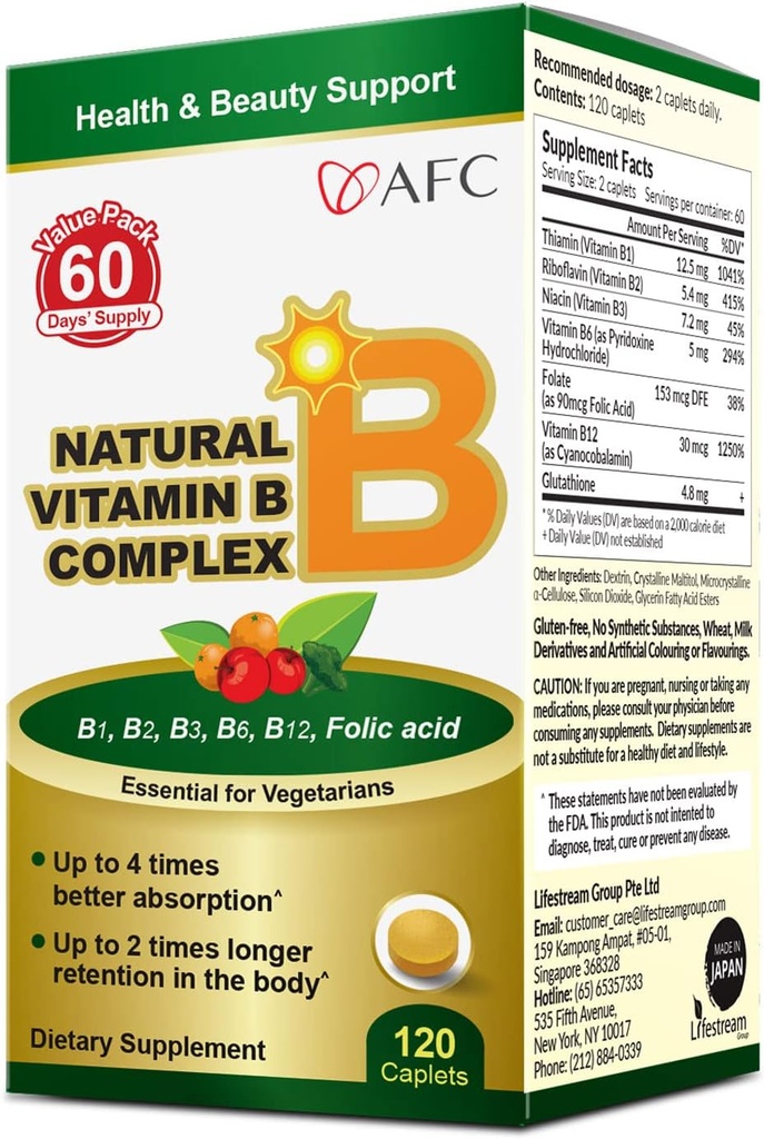 AFC Japonya Doğal Vitamin B Kompleksi B1, B2, B3, B6, B12, Folic Acid & Glutathione Yeast Extract, No S Sentetiks, Non-GMO, Supplement for Stress, Energy, Immune & Nervous System,120 Vegan Caplets