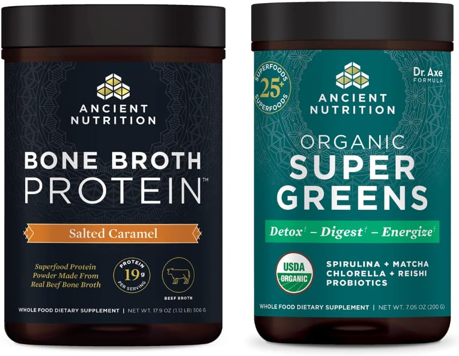 Eski Beslenme Bone Broth protein Toz, Salted Caramel, 20 Hizmet + Organik Supergreens Toz, Greens Flavor, 25 Hizmet