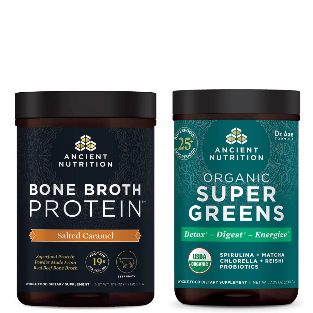 Eski Beslenme Bone Broth protein Toz, Salted Caramel, 20 Hizmet + Organik Supergreens Toz, Greens Flavor, 25 Hizmet
