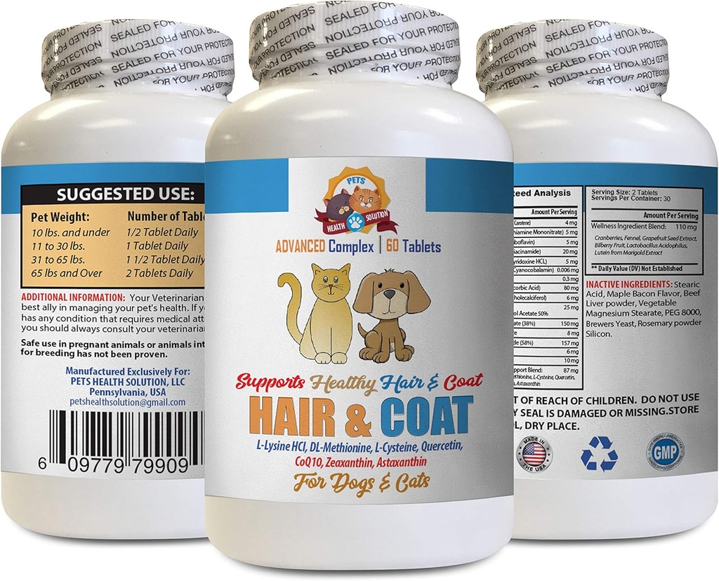 Dry Skin Care for Cats - Pets Hair and Coat Boost - for Dogs and Cats - Υποστηρίζει Υγιή Skin Hair Nails - Cat Diet Treat - 1 Φιάλη (60 δισκία)