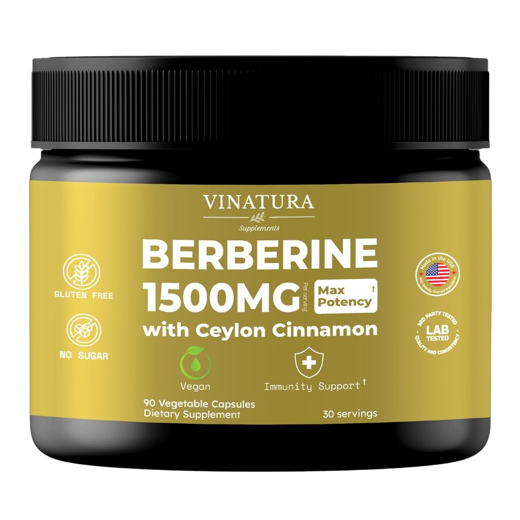 VINATURA Berberine 1500 mg - Ceylon Cinnamon, Max Potency Berberine HCL - 90 Capsules