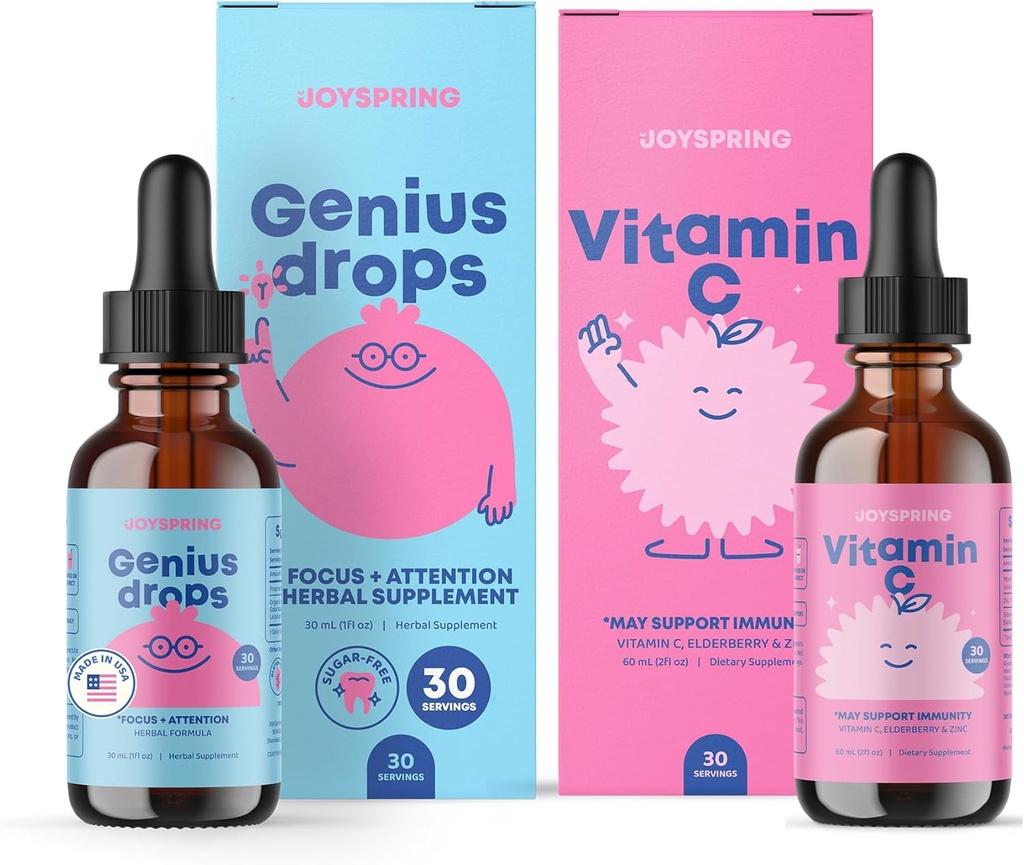 JoySpring Genius Drops & Vitamin C - Okul Backup Sche | Çocuk Vitaminleri Doğal Kaynaklandı, Non-GMO, Non-Alcoholic Liquid Formula, Immunity Health Support | Vegan & Vegetarian Supplement Drops