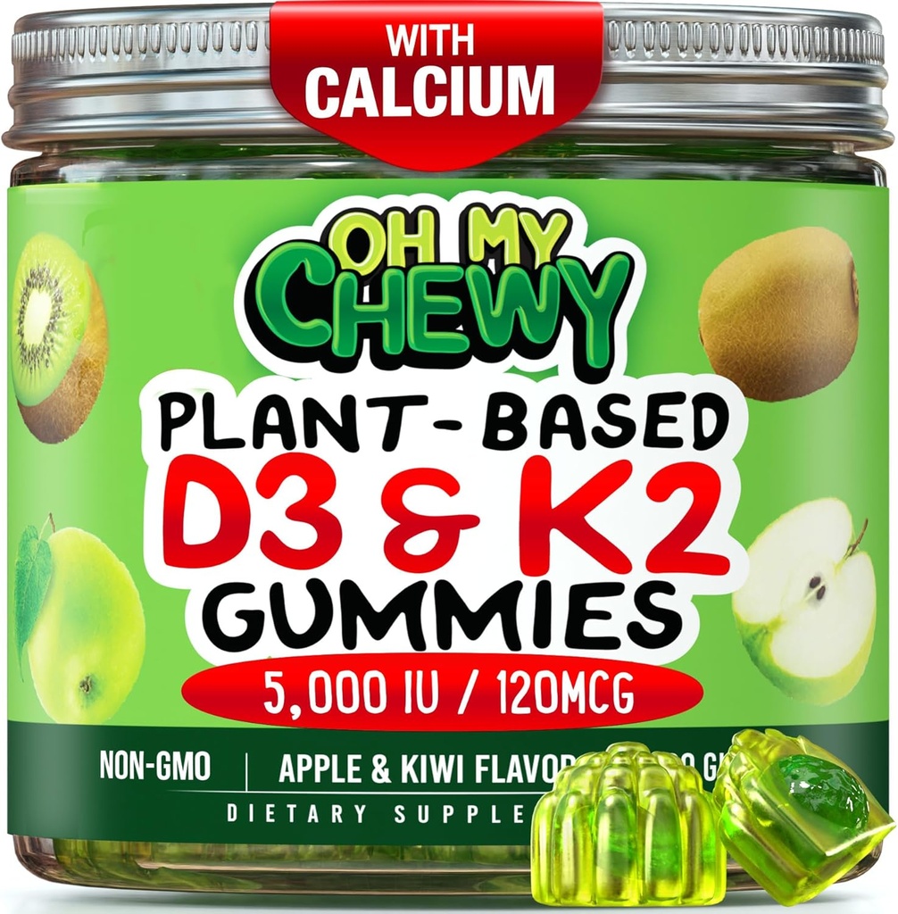 Center-Filled Vitamin D3 K2 Gummies - Çocuklar, Gençler ve Yetişkinler - Sağlıklı Dişler, Bone, Energy & Immunity - 5000 IU D3, 120 mcg K2 (MK-7), 120 mg - Vegan & Non-GMO - 60