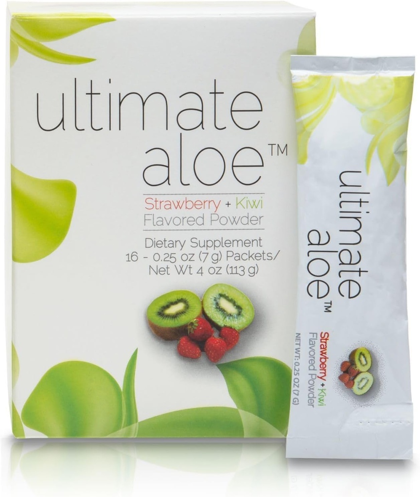 Ultimate Aloe σκόνη – Φράουλα Kiwi Γεύση, Υποστηρίζει Digestive Υγεία, ανοσοποιητικό σύστημα & κανονική επούλωση, Αλόη σε βολικά πακέτα σκόνης, 16 συσκευασίες, χωρίς γλουτένη, Vegan, μη GMO