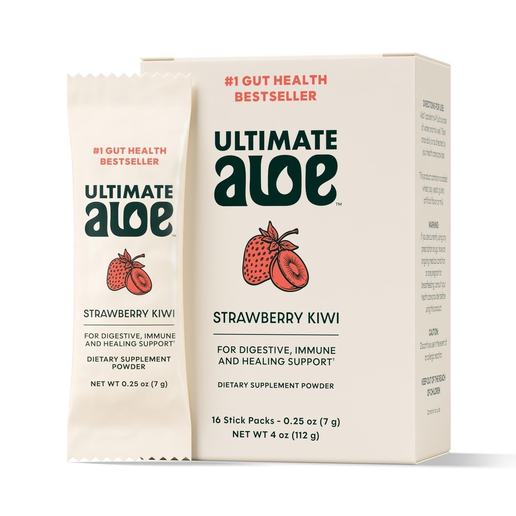 Ultimate Aloe σκόνη – Φράουλα Kiwi Γεύση, Υποστηρίζει Digestive Υγεία, ανοσοποιητικό σύστημα & κανονική επούλωση, Αλόη σε βολικά πακέτα σκόνης, 16 συσκευασίες, χωρίς γλουτένη, Vegan, μη GMO