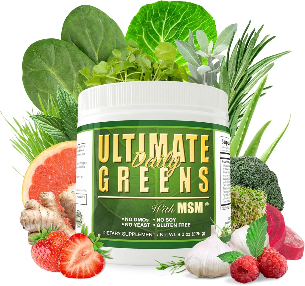 Daily Health, Ultimate Greens with MSM Toz, Vegan Dostu Doğal Malzemeler Gluten Soy Free NO GMO Superfood Sebze Beslenme İçmek Enerji 8oz 1 Pack (1 Ay Supply)