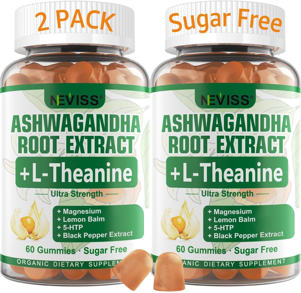 NEVISS Ashwagandha Gummies 2000 mg, Feel Reved, Plus Perrietary Mix with L-Theanine, 5-HTP, Lemon Balm, Calm için Magnezyum, Zzzs & Relaxation Support, 120 Count