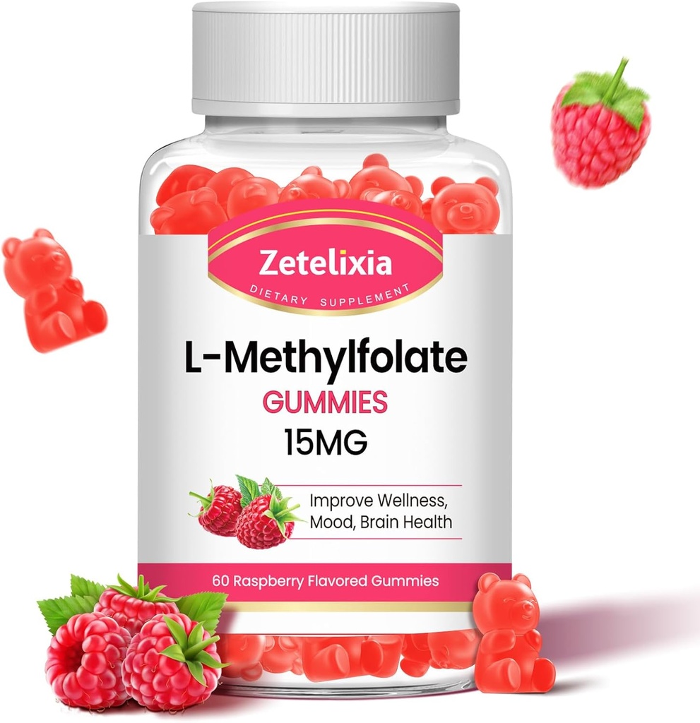 L-Methylfolate 15mg & Methylfolate B12 Gummies, Beyin Sağlığı için Foate Supplement, Mood & Immunity, DNA Synthesis & Tamir, Sugar Free, Vegan, Raspberry Flavor, 60 Count