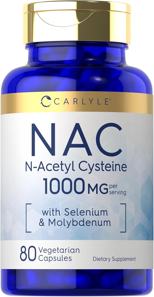 Carlyle NAC Supplement N-Acetyl Cysteine 1000 mg | 80 Capsules | Selenium & Molybdenum | Vegetarian, Non-GMO & Gluten Free