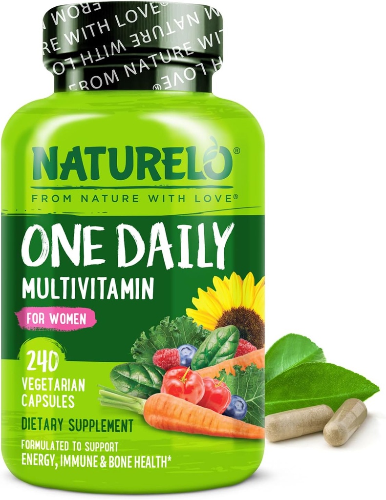 NATURELO μία καθημερινή πολυβιταμίνη για τις γυναίκες - Ενεργειακή υποστήριξη - ολόκληρο συμπλήρωμα διατροφής για τα μαλλιά, δέρμα, νύχια - μη-GMO - Χωρίς σόγια - Χωρίς γλουτένη - 240 κάψουλες 