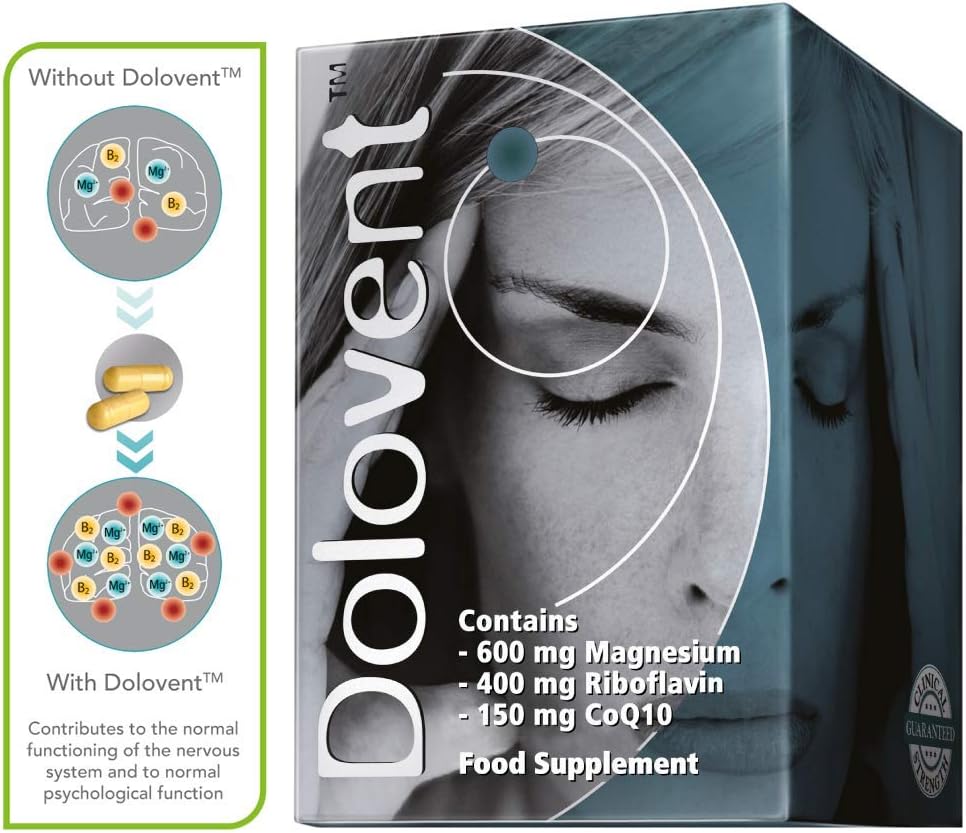 Dolovent - Doğal Migraines, Vitamin B2 400 mg, CoQ10 - Beyin Sağlığı için Diyetsel Tamam - 1 Şişelik