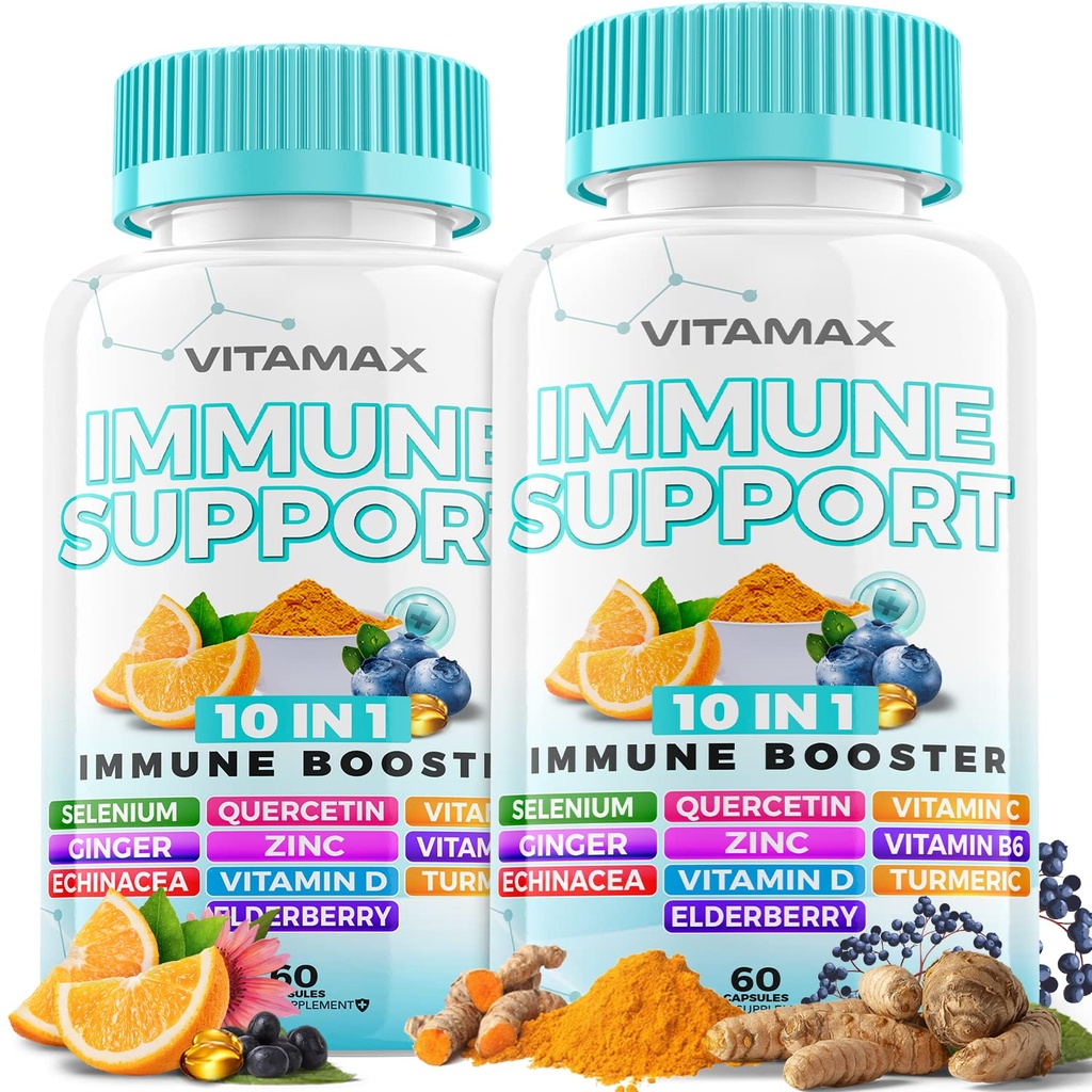 10in-1 Immune Support with Elderberry, D3, Selenium, Quercetin, çinko, C, Ginger, Turmeric Curcumin, B6, Echinacea – Immune Defense – ABD'de (60 Kont)