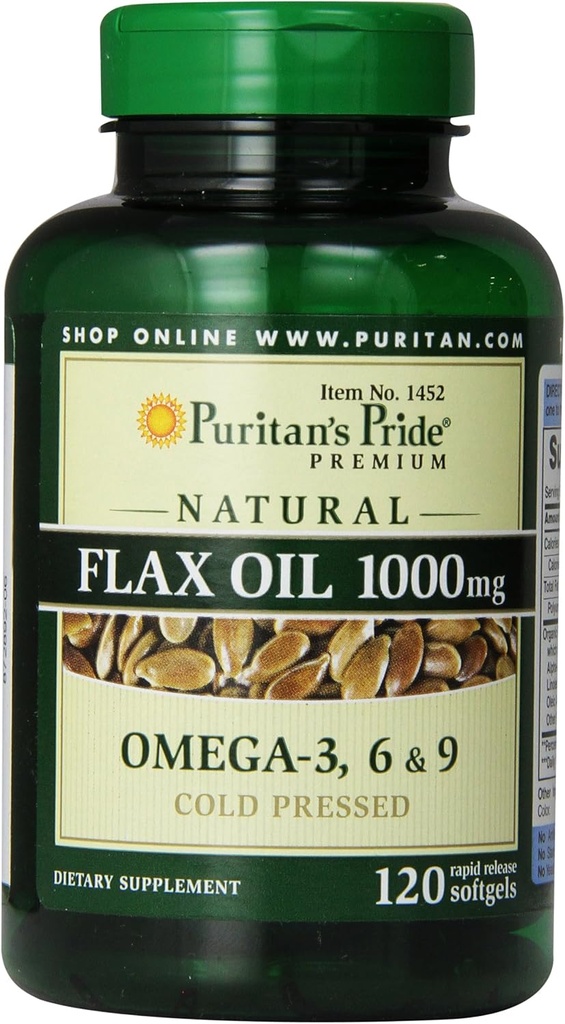 Puritan's Pride Premium Φυσικό έλαιο flax 1000 mg Ωμέγα-3, 6 & 9 Ψυχρό Πιέζεται, 120 Softgels
