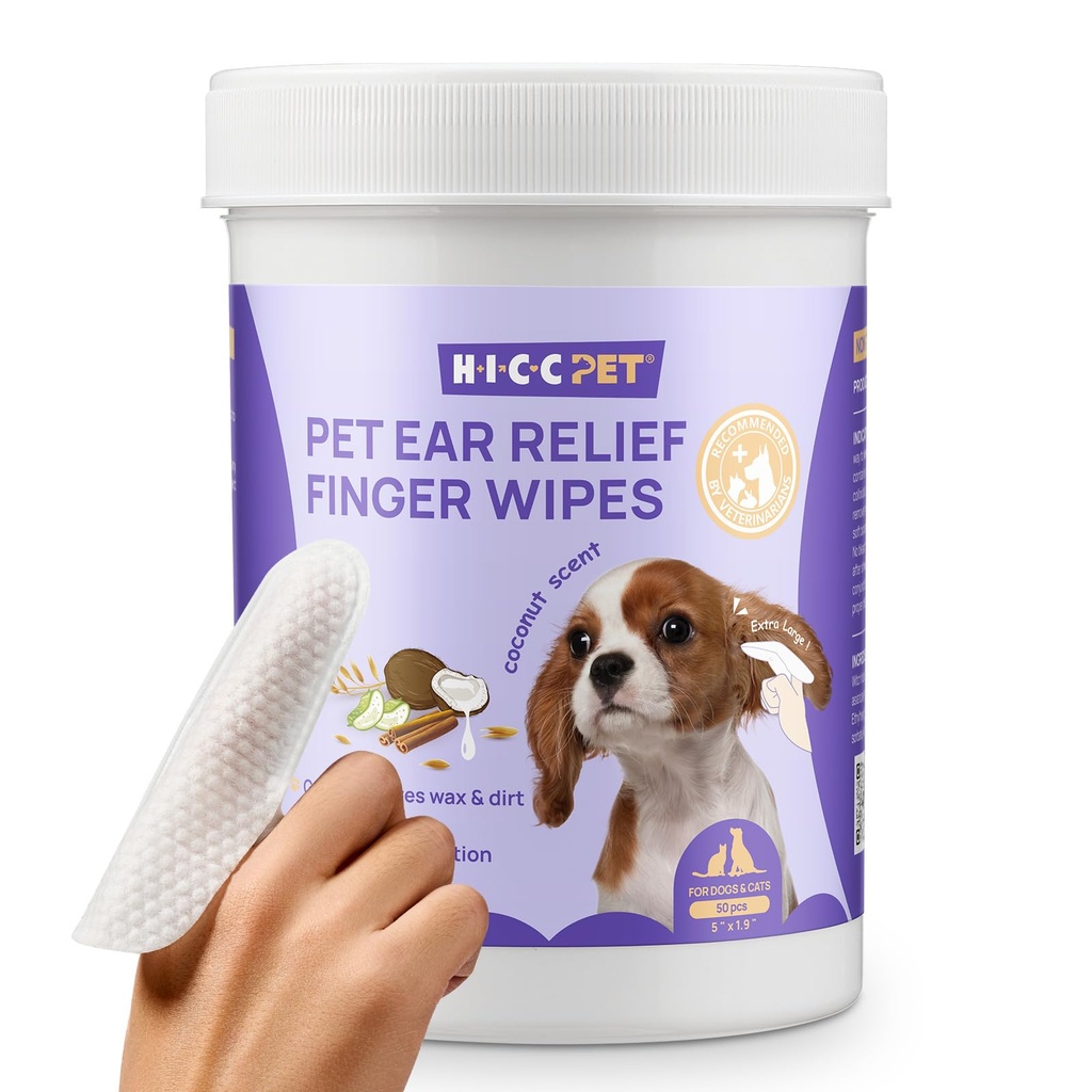 HICC PET Ear Clean Finger Wipes for Dogs & Cats, Vet- Tavsiye Edilmiş Köpek Kulak Enfeksiyonu Tedavisine Yardım Etmek ve İnflammasyon, Pencereleri Kaldırın ve Kokuyu Durdurun, Non-Irritating, 50ct(Coconut Scent)