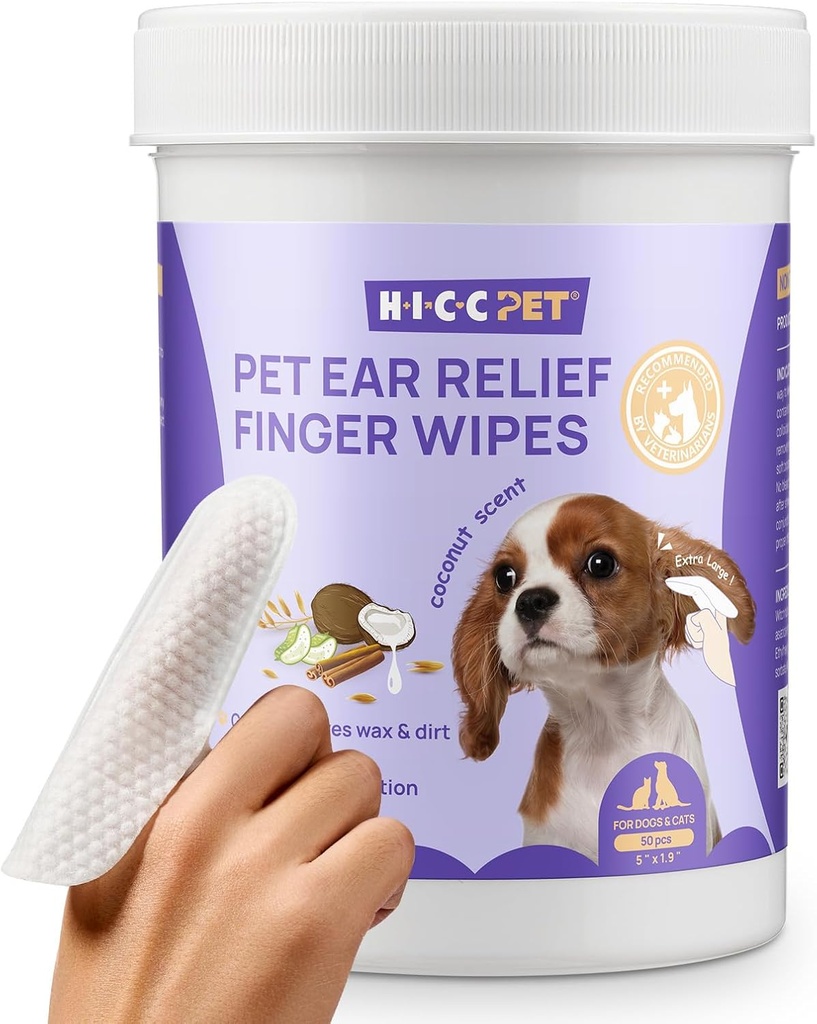 HICC PET Ear Cleaner Finger Wipes for Dogs & Cats, Vet-Recommended Dog Ear Infection Treatment to Relief Itsing & Inflammation, Remove Wax, Dirt & Stop Smelly, Non-Irritating, 50ct (Coconut Scent)