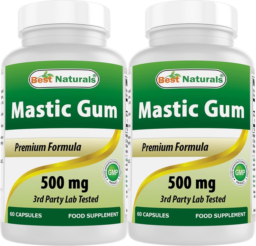 Best Naturals 2 Pack Mastic Gum Κάψουλες 500 mg - 60 Count - (Non-GMO) (Gluten Free) - Προάγει την υγεία στο στομάχι & Duodenal Υγεία - (Σύνολο 120 κάψουλες)