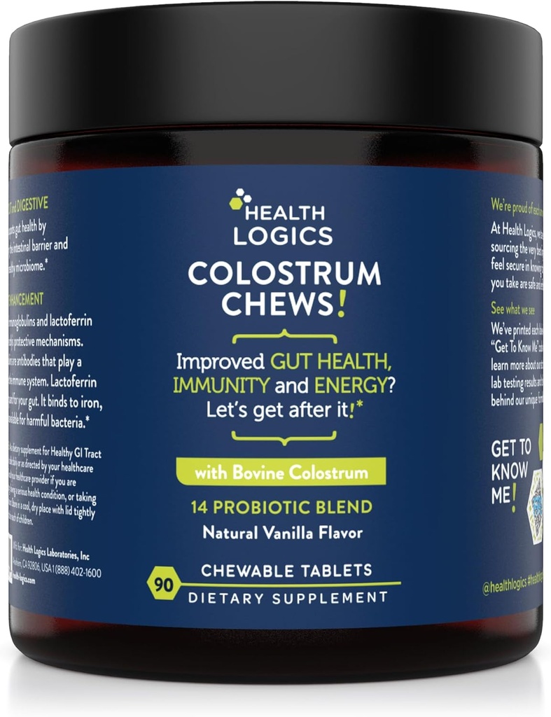 Sağlık Mantıkları Colostrum Chews-Colostrum% 25 IgG for Gut Health, Immune Support, Saç Büyüme, Vanilla Flavor, 90 Hizmet, Tüm Bovine Colostrum Superfood