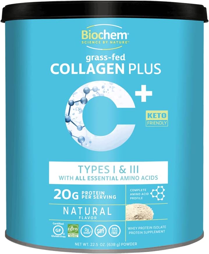 Biochem Collagen Plus Protein - 1.4lb - Φυσικό άρωμα - 20g σκόνη πρωτεΐνης κολλαγόνου - προωθεί τα μαλλιά, το δέρμα, τα νύχια, την κοινή & την υγεία των οστών - Amino Acid - Keto-Friendly - Μαλακή υποστήριξη ιστού