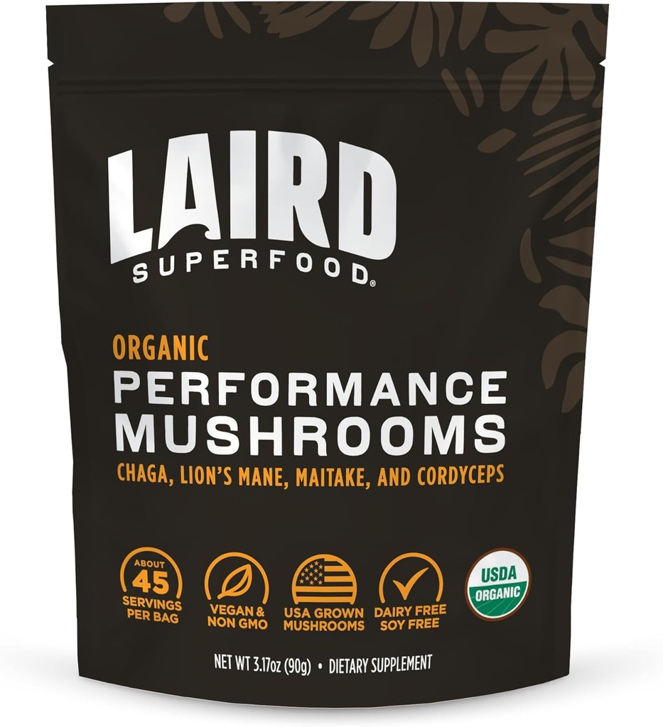 Laird Superfood Organic Performance Mushroom Blend with Chaga, Cordyceps, Lion's Mane και Mitake for Energy and Cognition, 3,17 oz. Τσάντα, συσκευασία του 1