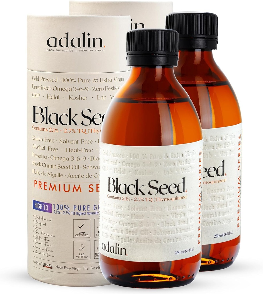 Adalin Black Tohum Yağı Sıvı 16.8 fl oz | Nigella Sativa Tohum Petrol | High Thymoquinone | Cold Pressed | Glass Şişe | Blackseed | Vegan | Gluten Free