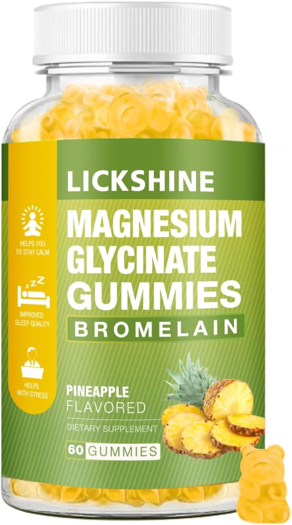 1 Συσκευασία Μαγνήσιο Γλυκινικό Gummies 1000mg, Ασβέστιο, Κάλιο, Βρωμελαΐνη, Βιταμίνη D, B6, CoQ10 συμπλήρωμα για χαλάρωση, ήρεμη διάθεση, ανακούφιση από το στρες και ύπνο για ενήλικες & παιδιά, 60 Counts