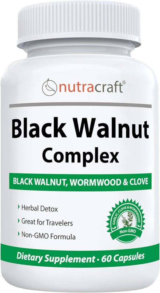Nutracraft Black Walnut Detox Cleanse Supplement | Black Walnut, Wormwood, Clove, PAU D'Arco, Candy Seed, PA, çinko | Intestinal Guard for Humans | 60 Capsules