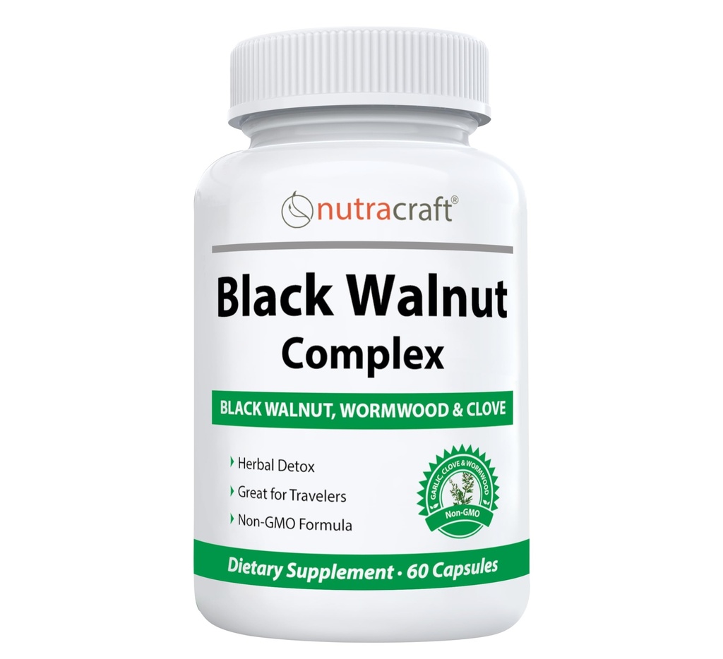 Nutracraft Black Walnut Detox Cleanse Supplement | Black Walnut, Wormwood, Clove, PAU D'Arco, Candy Seed, PA, çinko | Intestinal Guard for Humans | 60 Capsules