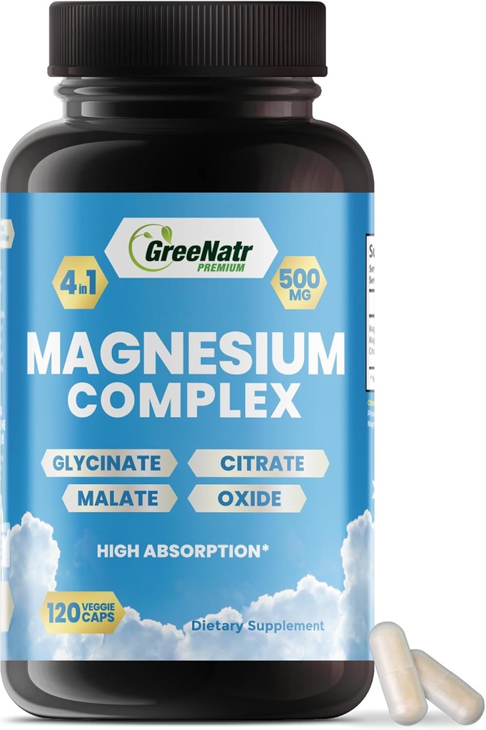 GreeNatr Magnezyum Kompleksi - Magnezyum Kompleksi - Magnezyum Kompleksi, Citrate, Malate & Hoffman - Magnezyum Tabletleri Digestion, Sleep, Heart Health, & Energy - Magnezyum Vitaminleri 120 Sayılar