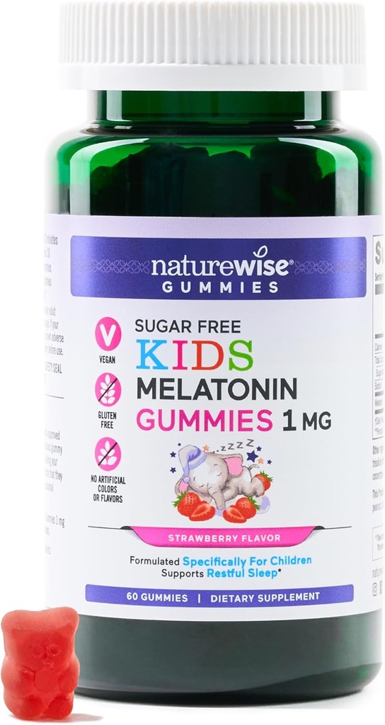 NatureWise Kids Melatonin 1 mg Sugar-Free Gummies for Children Ages 4 & Up - Non-Habit Form Sleep Aid - Strawberry Flavored - Vegan, No Gluten, Non-GMO - 60 Kont[2-Month Supply]